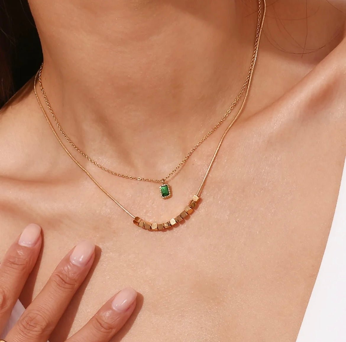 Green Pendant Double Layer Necklace - Kannya